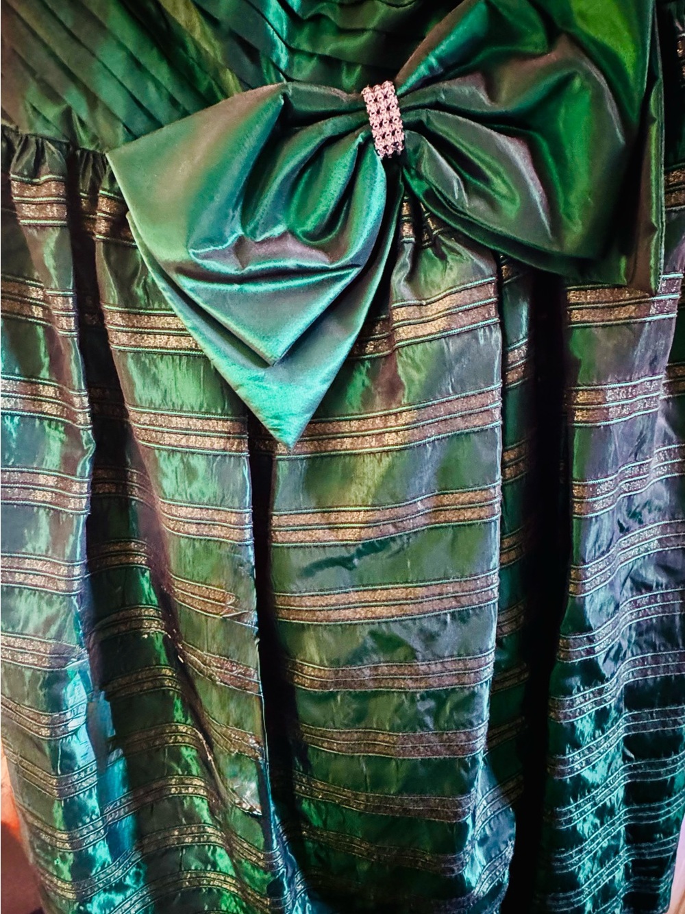 Leslie Fay Emerald Green Satin Party Dress with Bow 73” front length, 70” back.